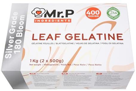 Mr.P Ingrédients Gélatine en Feuilles Qualité Silver 400 Feuilles 1 Kg 180 Bloom Sans Gluten Non OGM Halal Gélatine de Bœuf Emballage Refermable