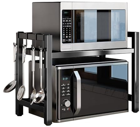 PKOUVOO Supporto per microonde e forno estensibile, con 6 ganci sospesi, pratico supporto da cucina per piano di lavoro, organizzatore da cucina, nero (nero)