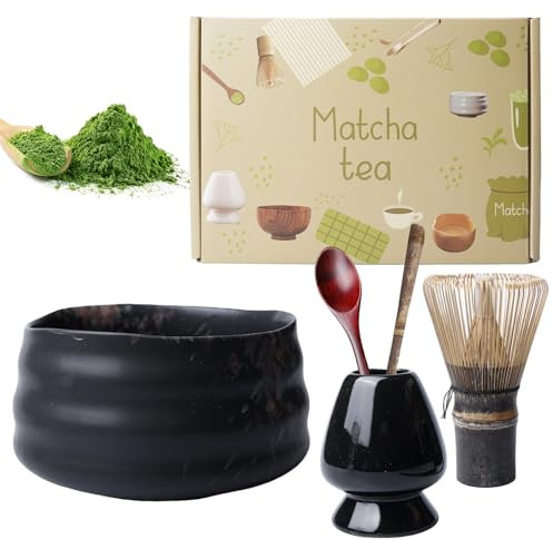 WANDGU Juego de té matcha manual con batidor de matcha, con 2 cucharas matcha, soporte para batidor, recipiente para polvo para matcha, kit de ceremonia del té para la ceremonia del matcha (5, negro)