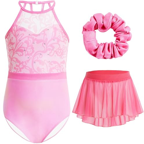Gogokids Conjunto de 3 leotardos de ballet para niñas, leotardo de gimnasia halter con diamantes de imitación y falda extraíble