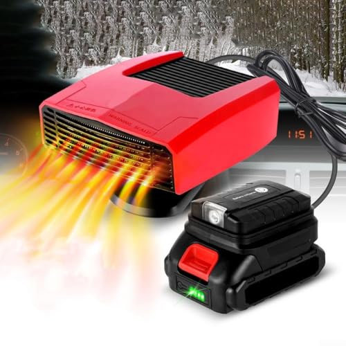 Riscaldamento portatile per auto, riscaldatore, termoventilatore per auto, con adattatore a due porte USB, rotazione a 360°, per batteria da 18 V, DC 14-21 V, riscaldamento per parabrezza auto