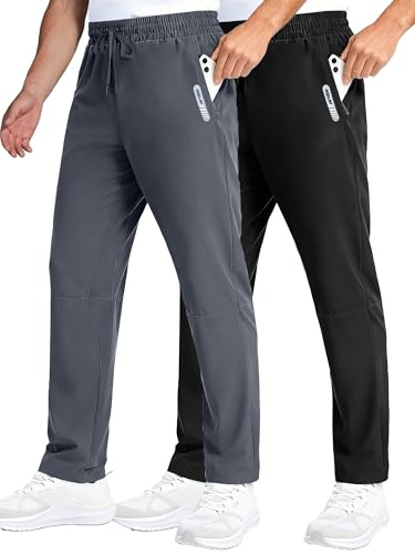 Vandringsbyxor för män lätta vattentäta träningsbyxor innersöm 30/32 tum utomhus vandringsbyxor med blixtlåsfickor, 2-pack: svart/grå, M
