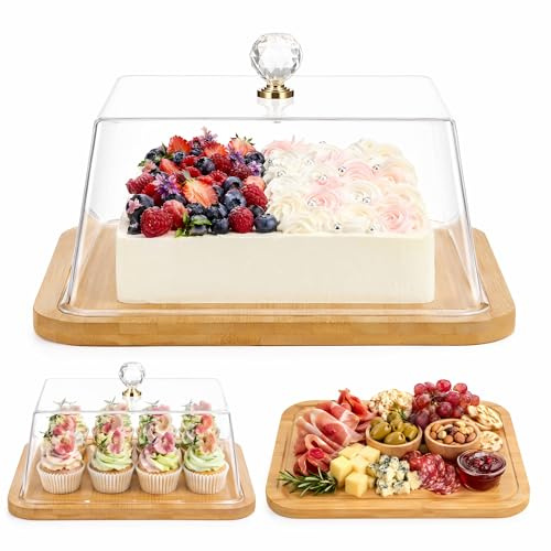 iplusmile 10 Inch Cake Stand with Lid, Wooden Plate, Clear Acrylic Dome | For cheese, pastries and cakes, suitable for kitchen, birthdays, picnics, parties and weddings