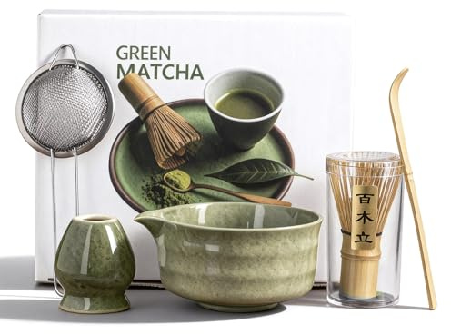 Motase Matcha Set 5-Teiliges, Matcha Schale, Bambusbesen und Matcha-Löffel Filterlöffel Matcha Set– Vollständiges Matcha Tea Set für Traditionelle Japanische Teezeremonie Klassisches Grün