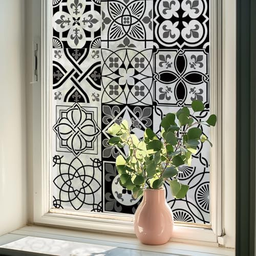 Alwayspon Película de vinilo para ventana de 43 x 120 cm, no adhesiva, para ventanas de cristal, decoración de puertas y ventanas de vidrio, azulejos blancos y negros