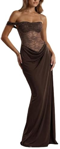 Sukiglam Vestito Donna Elegante Monospalla Spaghetti Strap Abito Lungo in Pizzo Floreale Aderente Vestiti Senza Maniche Sexy Maxi Abiti con Alto Spaccato Laterale Bodycon Abito da Discoteca Festa Sera