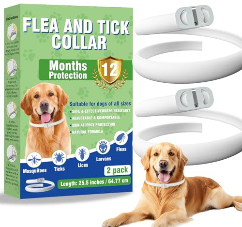 Collar Antiparasitario para Perros, Collar Antipulgas y Garrapatas Ajustable, Resistente al Agua, Protección Eficaz para Todo Tipo de Perros, 12 Meses de Duración (2Pack)