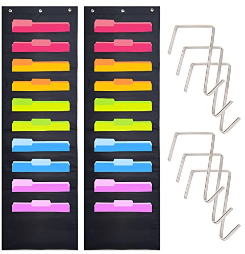 2 x robuste Aufbewahrungsfächer für Klassenzimmer, 10 Taschen, 6 Kleiderbügel im Lieferumfang enthalten, Hängeregistratur-Organizer für Büroordner, Akten, Scrapbook-Papiere und mehr (schwarz)