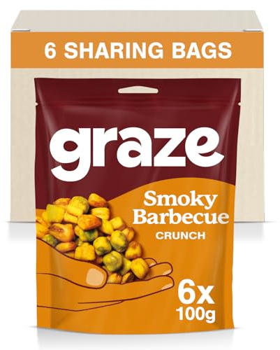 Graze Smoky Barbecue Crunch - Vegan Savoury Snacks Sharing Bags, High in Fibre, Natural Flavours - Packaging may vary - (6 x 100g Sharing Bags)