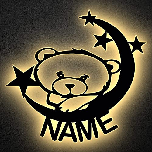 Teddy Bär auf Mond LED Nachtlicht mit Name personalisiert - Lampe Kinderzimmer Geschenk Deko lampe Schild - in 13 Farben