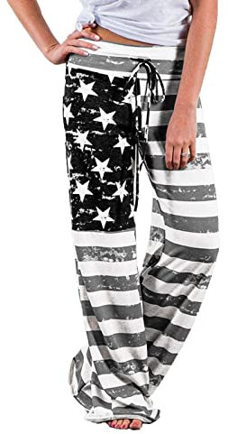 AMYTIS Damen Yogahose Stretch Freizeithose Bequeme Pyjamahose Schlafanzughose Lang Leichte Lounge Hose Hausanzug Hosen Relaxhose Fitness Sommer Weites Bein,Flagink,S