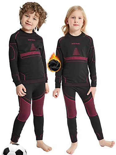 NOOYME Funktionsunderställ för barn, skid-, termo- och sportunderställ som är ventilerande och hudvänligt, för fotboll, Svart-rosa, (158/164) 160-165cm