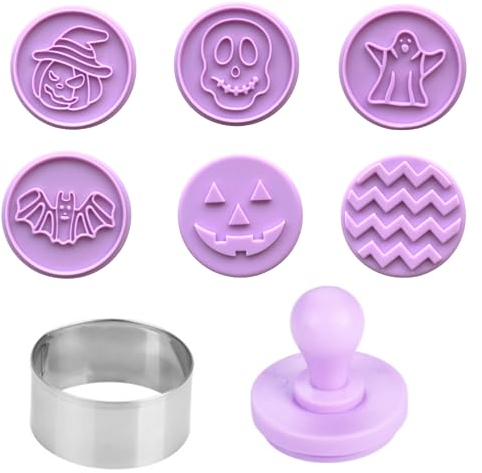 Juego de cortadores de galletas de Halloween, 6 sellos de galletas de Halloween con cortador de galletas redondo y asa, molde en forma de galletas de Halloween en relieve