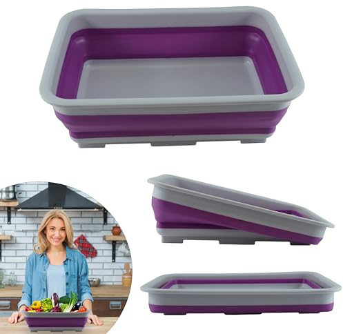 Purple Collapsible Washing Up Bowl 10L - Pops Up in Second| Non Slip Base Water Storage Basin for Camping, Caravans, Outdoor Activities, Kitchen Size-37.5cm