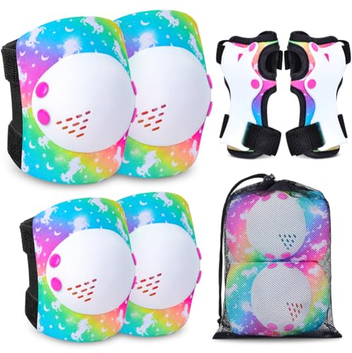Protezione Pattini Bambina, Set Protezione Pattini Bambina Ginocchiere Regolabili, Adatti per Protezioni Skateboard Bambino, Ginocchiere Bici Bambino (unicorno arcobaleno)