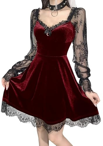 DINGJIUYAN Gothic Velvet Corset Dress Women's Lace Mini Dress | Long Sleeve,Corset Waist，Vintage,Goth,Party,Halloween,Cosplay,Evening,Events