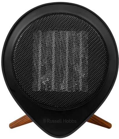 Russell Hobbs Electric Heater 1500W Retro Tripod Mini Ceramic Heater Scandi Wood Effect in Black with 2 Heat Settings, Touch Control, Overheat Protection, 2 Year Guarantee RHMCH1009B-SCA
