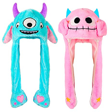 YC JILAI 2 Pack Ear Moving Monster Hat Plush Animal Ears Jumping up Hat Two Style Halloween Christmas Cosplay Novelty Party Cap for Adult Women Kids，Pink and Blue Color