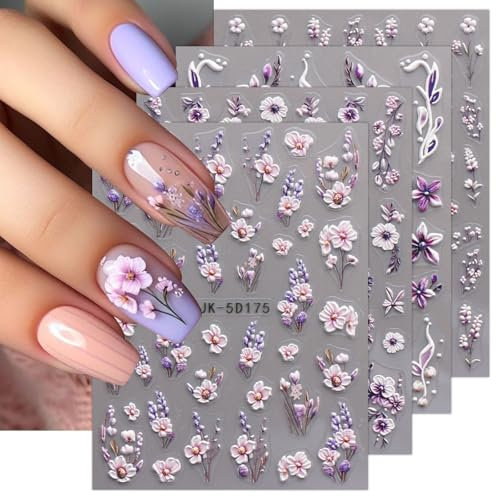 JMEOWIO 3D Nagelsticker Blumen Nail Art Sticker Selbstklebend Nagelaufkleber 5D Stereoskopisch Frühling Sommer Dekoration Nageldesign Zubehör 4 Blatt