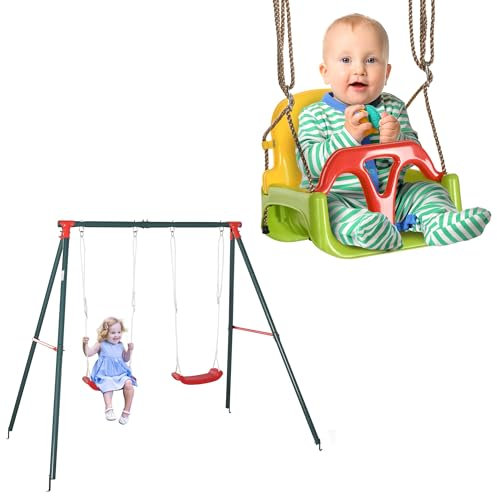 Outsunny Conjunto de Columpio Incluye 1 Columpio Doble para Niños +3 Años con Soporte de Metal y 1 Columpio para Bebés de 9-36 Meses con Cuerda Ajustable Multicolor