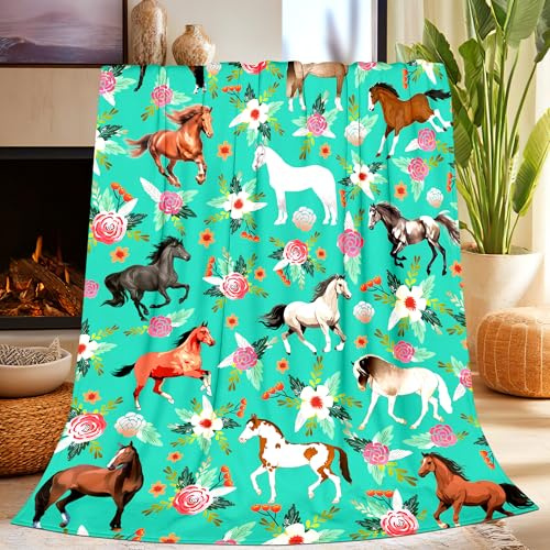 Horse Throw Blanket Gifts for Women Girls, Super Soft Funny Green Horses Stuff Flower Decor Blanket Gifts for Horse Lovers, Warm Cozy Fuzzy Plush Fleece Flannel Blankets 50x40 for Couch Bedding