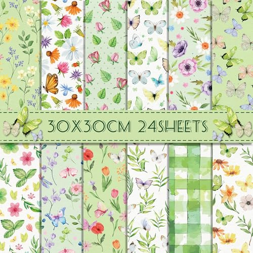 24 fogli di carta da disegno con fiori verdi, farfalle, 12 disegni su entrambi i lati, carta decorativa per scrapbook Craft, origami, journal, carta motivata, album fotografici, fai da te, 30 x 30 cm
