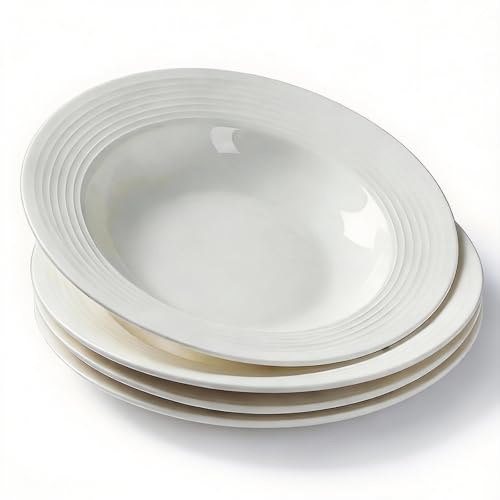HausArtX Ceramic Plates Set of 4, 8.5 White Pasta Plates, Ceramic Pasta Bowls, Versatile Microwave & Dishwasher Safe Soup/Pasta/Salad Bowls