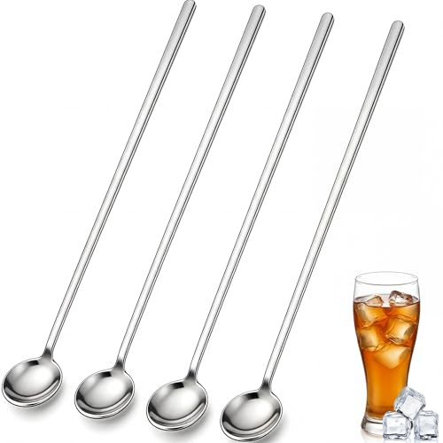 4-delad silver rostfritt stål långt handtag skedset, 23 cm för kaffe, te, cocktail och glass, spegelpolerad och diskmaskinssäker