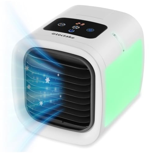 tectake® Raffreddatore d'aria 3in1, Ventilatore a Torre ad acqua, USB-C, Mini Climatizzatore Portatile, Pannello LED 8 Colori, Controllo Touch, Mini Condizionatore Portatile Campeggio - Bianco