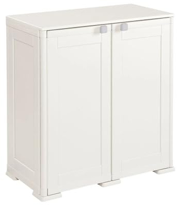 MA MAISON Armadio Basso in Plastica da Esterno 79x43x85,5 cm, con 2 Ripiani – Mobile Contenitore Compatto Salvaspazio per Balcone, Terrazza e Organizzazione Casa (Panna)