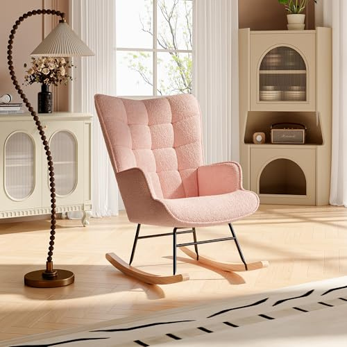 BRILVERDE Fauteuil à bascule en velours Teddy, chaise d'allaitement, chaise de lecture, fauteuil de relaxation, fauteuil à bascule pour salon et chambre, dossier à carreaux (Rose)