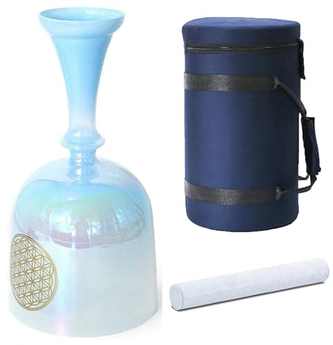 Cyanfärgat handtag Crystal sångskål med bärväska Mallet | Flower of life handtag ljudskål med bärväska klubba(432Hz,8inch G note)