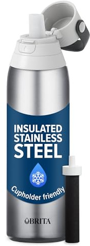 Brita Stainless Steel Premium Filtering Water Bottle, BPA-Free, Reusable, Insulated, Replaces 300 Plastic Water Bottles, Filter Lasts 2 Months or 40 Gallons, Includes 1 Filter, Stainless - 20 oz.