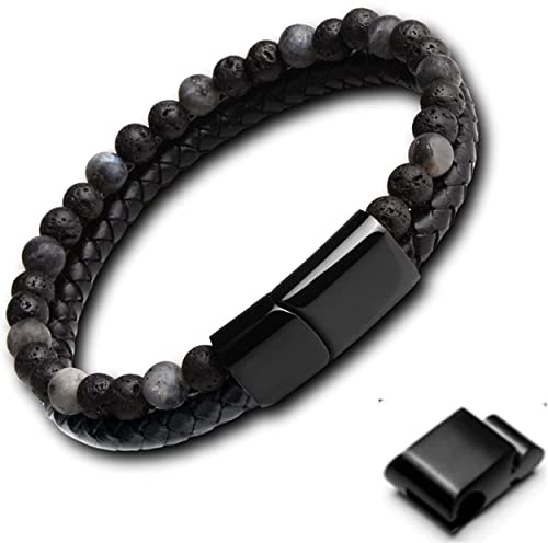 GENAC Bracciale originale da uomo con perle di pietre naturali 6 mm e vera pelle con chiusura magnetica rimovibile in acciaio inossidabile per regolare facilmente la lunghezza