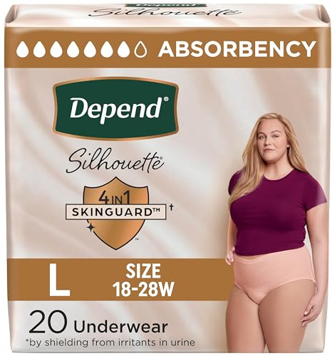 Depend Silhouette Adult Diapers, Incontinence & Postpartum Bladder Leak Underwear for Women, Maximum Absorbency, Large, Pink, 20 Count, Packaging May Vary