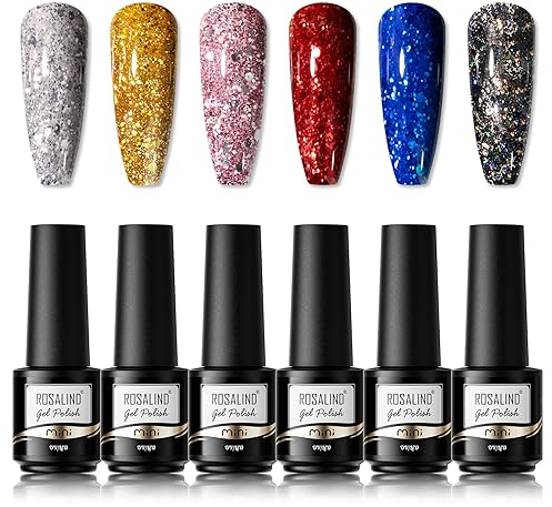 ROSALIND UV Nagellack Glitzer Set - Gold, Rosa, Pink, Schwarz, Rot, Silber, Blau - 6 Stück Shellac Pastell UV-Gel Gellack für Nail Art