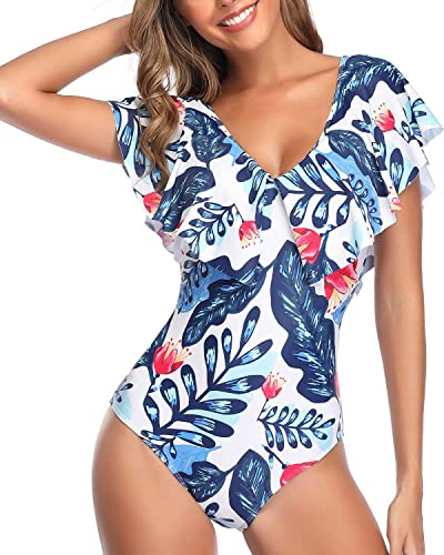 NLAND Traje de Baño Mujer Una Pieza Bañadores con Volante Cuello en V Fruncido Ropa de Baño Playa 1 Pieza Monokinis(Hojas Azules sobre Blanco,S)
