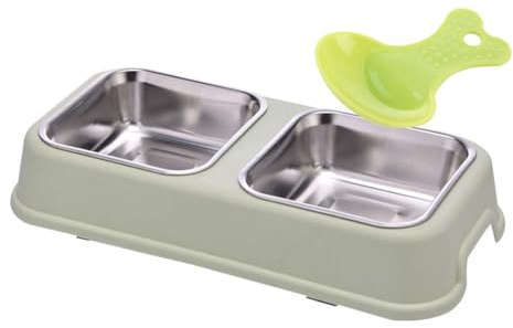 Double Dog Bowl,Non Slip Stainless Steel Double Bowls (S, Square-Green) | Non-spill Pet Double Bowls with 1 Pet Food Spoop For Small Dogs and Cats