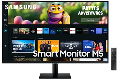Samsung Smart Monitor M5, Flat 27'', 1920x1080 Full HD, Smart TV Amazon Video, Netflix, Airplay, Mirroring, Office 365, Wireless Dex, Casse Integrate, IoT Hub, WiFi, HDMI