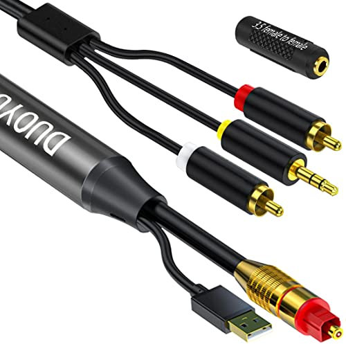 DUOYUTING Digital till analog 3,5 mm AUX-ljudkabel, optisk till 2 RCA-adapter, allt-i-ett D/A-ljudomvandlare, för TV/PS4/Xbox/DVD SPDIF/TOSLINK/optisk port till ljudbox förstärkare hörlurar 16,5 fot