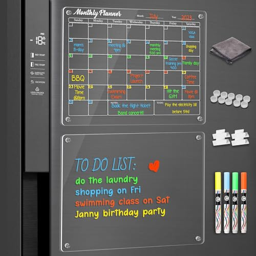 ANLIOTE Lot de 2 Calendrier Magnétique Frigo, 40 x 30cm Planificateurs Magnétiques et Mémo, Tableau Transparent Effaçable à Sec en Acrylique, Facile à Lire et à Nettoyer, 4 Marqueurs Craie de Couleurs
