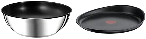 Tefal Ingenio Preference Poêle wok 26 cm, Empilable, Acier inoxydable, Revêtement antiadhésif sûr & Ingenio Eco Resist Poêle à crêpe 27 cm, Empilable, Fonte d'aluminium, Revêtement antiadhésif