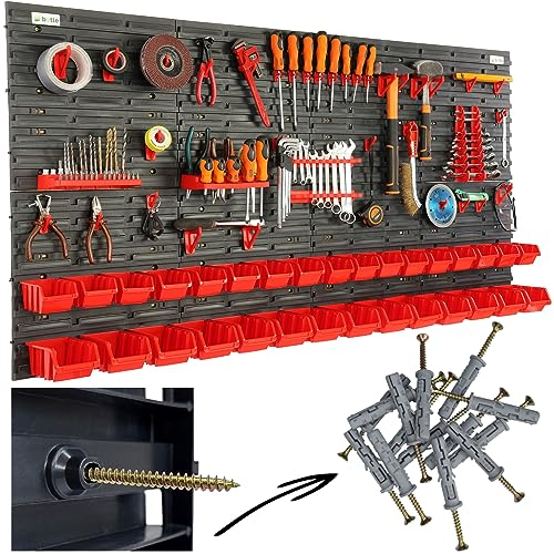 31 tlg. Stapelboxen Werkzeugwand 156x78cm Set mit 54 stck. Dübel Werkzeughalter Wandregal Werkstattregal Lagersystem Schüttenregal Sichtlagerkästen Extra Starke Wandplatten Regal Erweiterbar