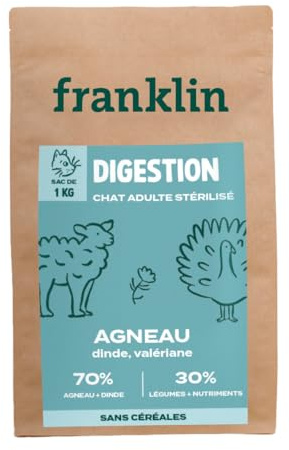 Franklin – Croquettes pour Chat Sensible – Gamme Bien-Être – avec 70% d'agneau et de Dinde – sans céréales – Digestion Facile – Taille 10 mm – 1 kg
