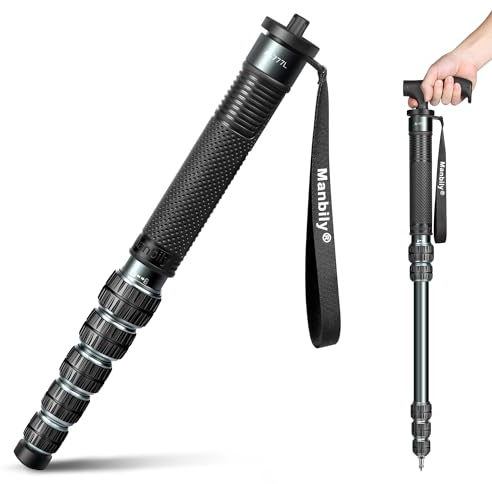 Manbily Einbeinstativ 36mm für Kameras 44cm-174cm aus Aluminium Monopod Stativ DSLR Reise-Einbeinstativ mit Gehstockgriff 6 Abschnitte Wanderstöcke Max. 18KG mit Telefonclip Videokamera (Metallgrau)