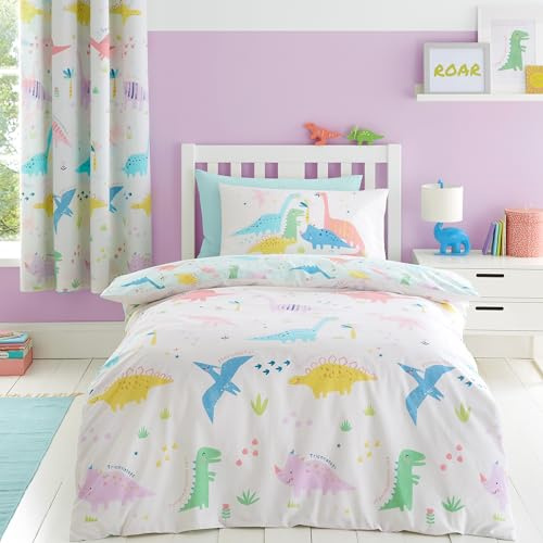 Catherine Lansfield Dinosaur Friends Reversible Double Duvet Cover Set with Pillowcases Natural