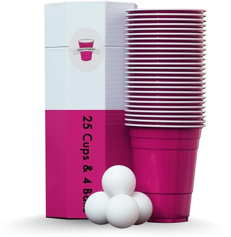 RedCupShop® Bierpong Becher Set | 25 Pink Cups & 4 Bälle | Spülmaschinenfest & Wiederverwendbar | 473ml/16oz pinke Partybecher