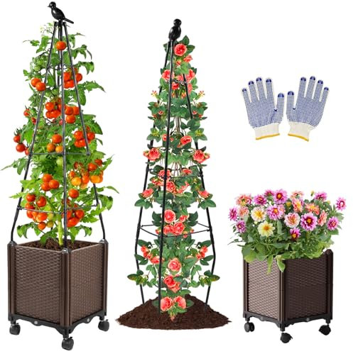 MQHUAYU Bac à tomates avec Treillis jardinières Tomate sont avec 4 roulettes, Pot de 140 cm avec Treillis pour Serre Patio extérieur (2)