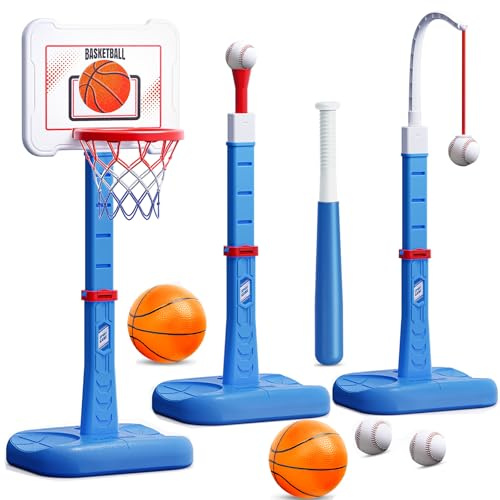 ShyLizard 3 in 1 Kids Basketball Hoop and T Ball Set, Adjustable Height Toddler Basketball Hoop, Hanging Tee Baseball, Indoor Outdoor Sports Toys Gifts for Toddlers Boys Girls Ages 3 4 5 Year（Blue