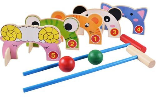 Set da gioco con animali da croquet, robusto giocattolo interattivo in legno per giochi attivi, giochi all'aperto, colori vivaci, incantevole set di croquet di animali per il compleanno